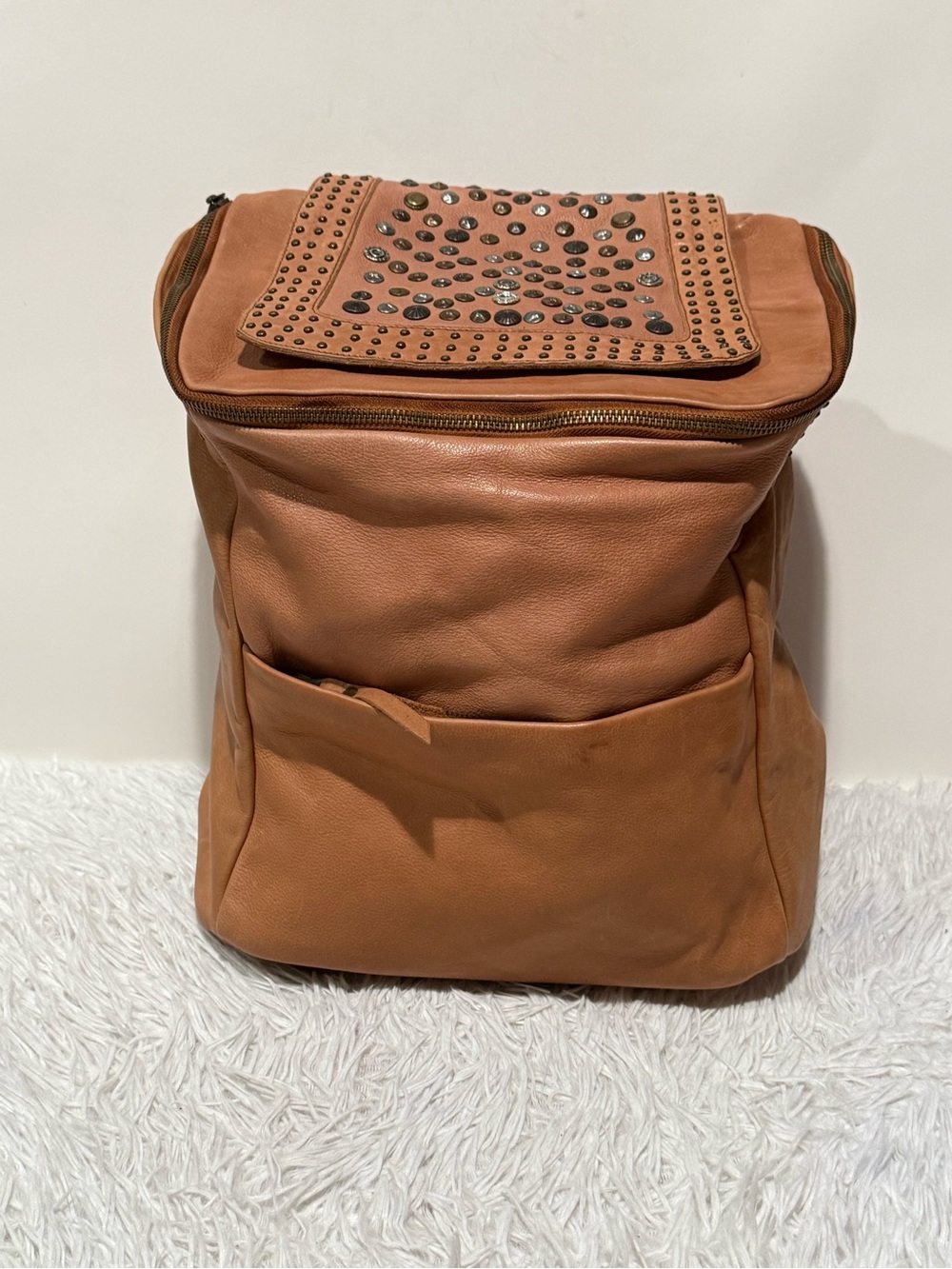 Viola Castellani Backpack in Warm Tan Genuine Leather Studded Made Italy